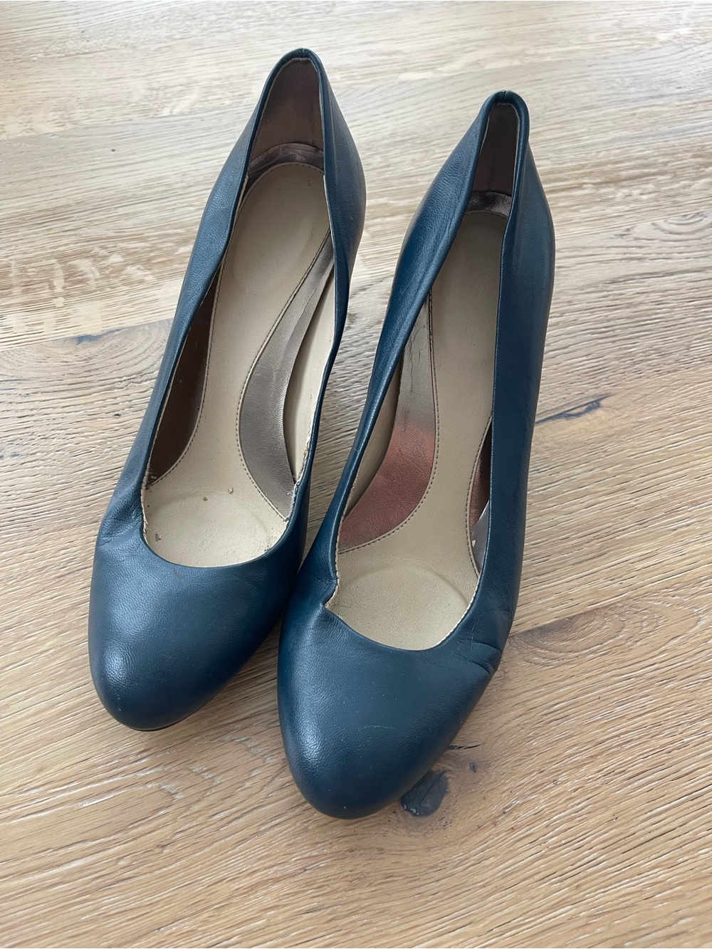 Calvin‎ Klein Womens Navy Blue Leather Round Toe Block Heel Pumps